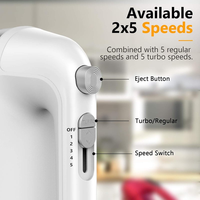 LILPARTNER Hand Mixer Electric, 450W Kitchen Mixers with Scale Cup Storage Case, Turbo Boost/Self-Control Speed + 5 Speed + Eject Button + 5 Stainless Steel Accessories, For Easy Whipping Dough, Cream, White - Image 3